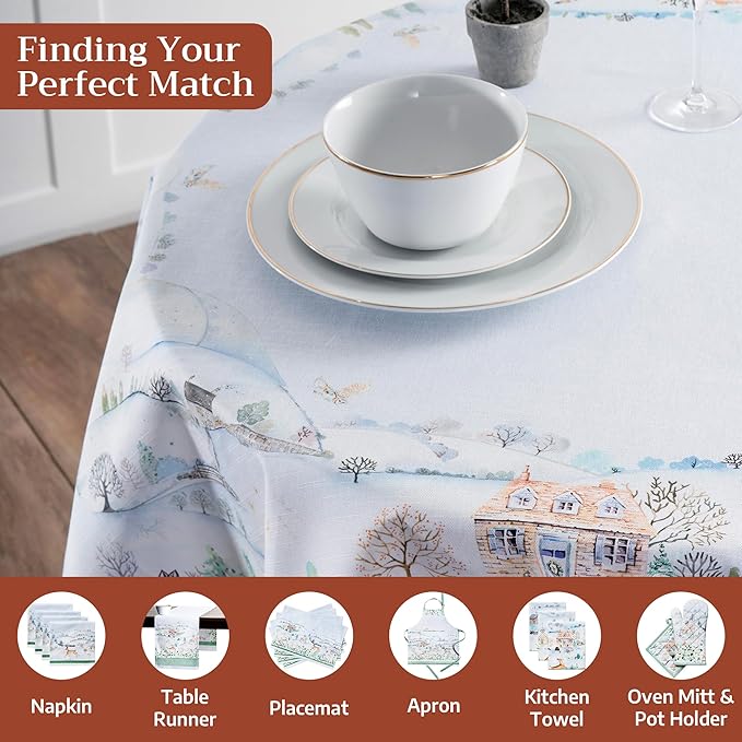 Maison d' Hermine Table Cloth Round Table 100% Cotton 69 Inches Fall Tablecloth Reusable Everyday Use for Thanksgiving Christmas Decorations Dining Farmhouse Party (Snowy World)