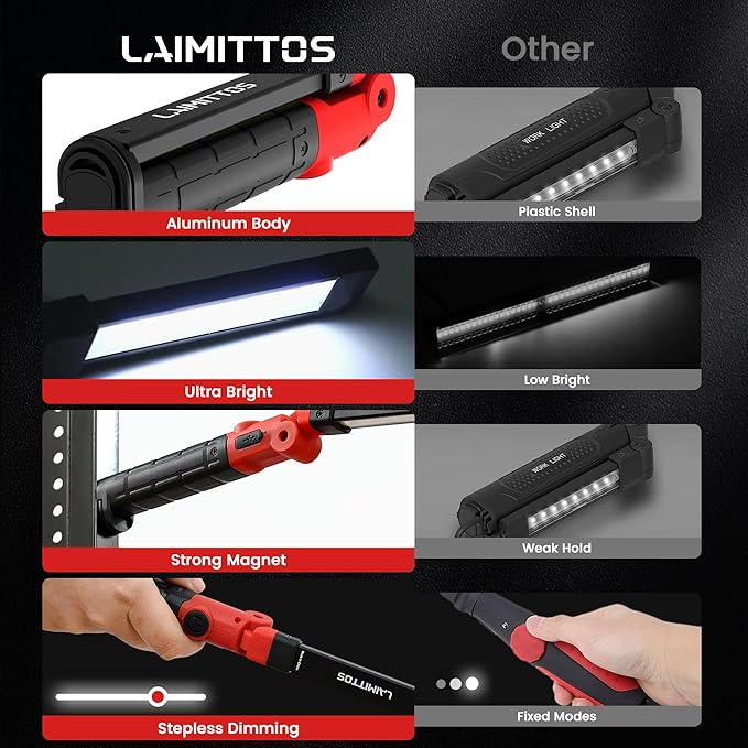 Rechargeable Work Light 2200mAh Magnetic LED Work Light Flashlight Mechanic Light Tool for Men Him, Foldable Lamp with Hook for Car Repair Emergency BBQ Grill (4 Pack)