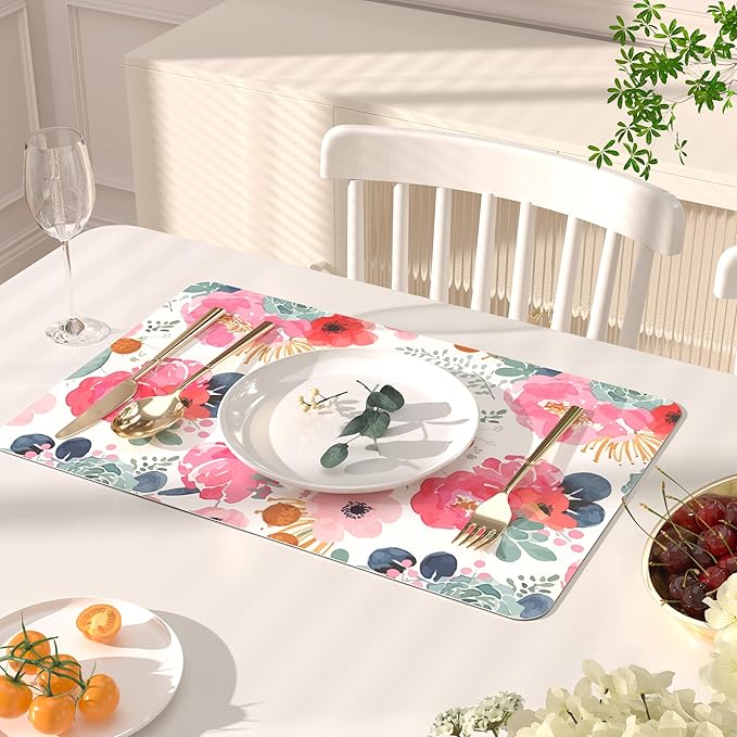 QIYI Placemats Set of 6, 12x18 Inch Faux Leather Place Mats for Kitchen Dinning, Heat Resistant Anti Slip Floral Table Mats, Waterproof Washable Placemat Party Table Décor, Watercolor Pink Flowers
