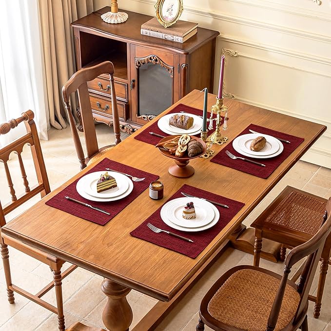 KXN Placemats Set of 6, Dual-Layer Thickened Faux Linen Table Mats, Heat Resistant & Wrinkle-Free, Machine Washable Cloth Place Mats for Kitchen Dining Indoor Outdoor (Red)