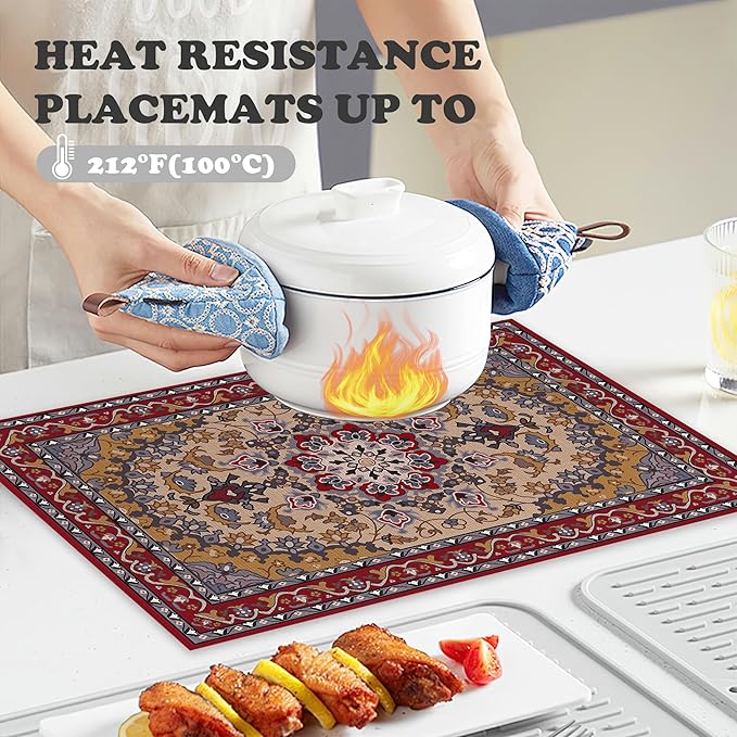 Ethnic Boho Linen Placemats Set of 6,12x18 Inch Vintage Bohemian Washable Table Mats Heat Resistant Place Mats for Home Party Kitchen Dining Decoration