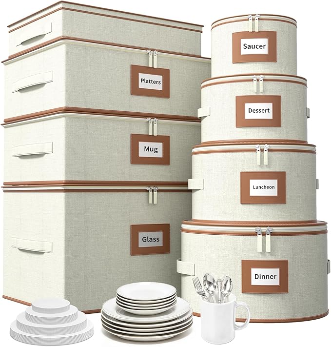 Aokeyee China Storage Containers Hard Shell 8 Piece, Mug, Wine Glass, Utensils, Plate Storage Containers w/Lid, Soft Dividers Felt Pads, Handles, Stackable Storage Organizer for Moving, Party, Ivory