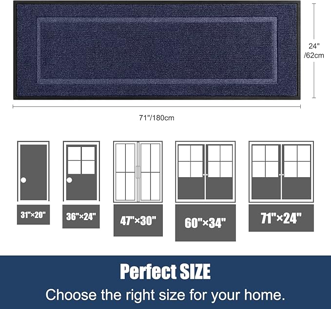 Extra Large Front Door Mat Outside Entrance Indoor Doormat, 71" x 24" Outdoor Mats for Patio Waterproof, Outdoor Door Mats for Outside Entry, Indoor Rugs for Entryway, Sturdy Natural Rubber, Blue