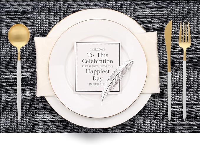 Black Placemats Set of 8, Plastic Vinyl 18" x 12" Place Mats for Dinner Table, No-Slip Wipeable Table Mats Daily Use Patio Kitchen Decoration