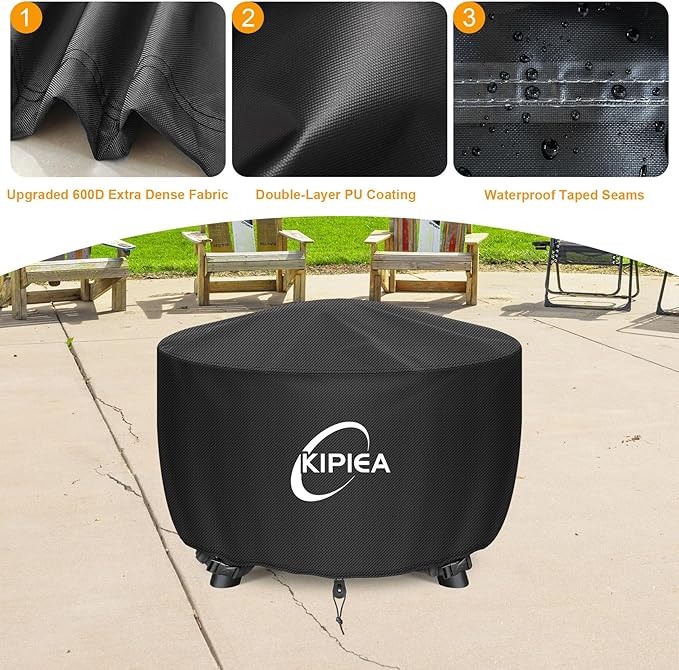 Kipiea Round Fire Pit Cover - 100% Waterproof Upgraded 600D Strong Tear Resistant Firepit Cover, UPF 50+ Outdoor Fire Pit Cover Fading Resistant, 40" Dia X 24" H