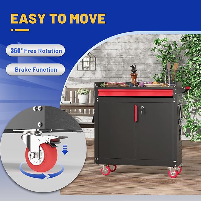 Metal Grill Cart - Outdoor Grill Cart with Storage,Grill Table with Wheels,Outdoor Bar Cart with Adjustable Shelf for Kitchen Prep and Patio BBQ