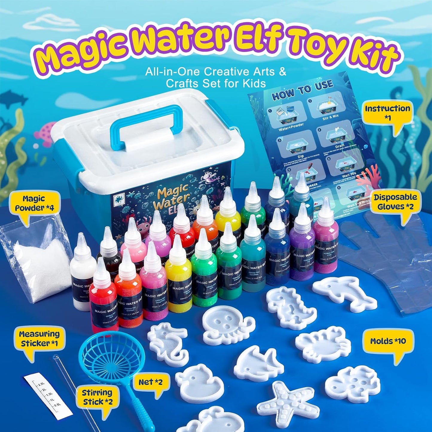 Magic Water Elf Toy Kit - 65ml Aqua Fairy Water Gel Kit for Kids with 20 Magic Gel & 10 Molds, Make Your Own Water Pets & Squishy Toys, Arts and Craft Kits for Kids Ages 8 9 10 Years Old
