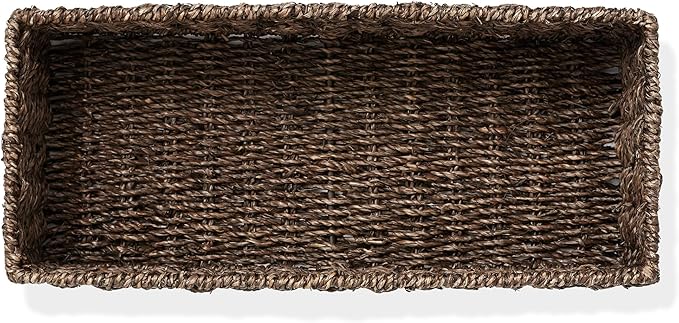 Casafield Set of 2 Bathroom Storage Baskets, Espresso - Seagrass, 16" W x 6.75" D x 4.25" H, Woven Toilet Tank Topper Bins for Organizing Tissues, Toilet Paper, Toiletries, Shelves