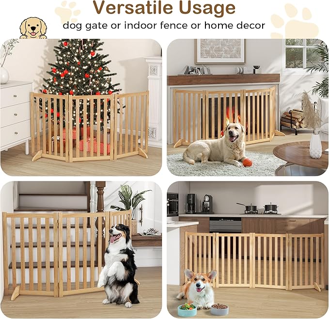 30" Height Tall Freestanding Pet Gate, Solid Wood Folding Safety Fence Wooden Dog Gate with 2 PCs Support Feet Ideal for Stairs, Doorways, Halls, Kitchens, Heavy Duty Gates, 4 Panels, Oak
