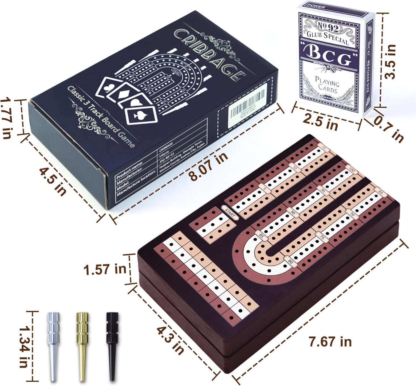 Cribbage Board Game Set - Wooden Foldable 3-Track Board with Magnetic Closure, 9 Metal Pegs, Playing Cards, Portable Family Travel Game for Gatherings and Gifts