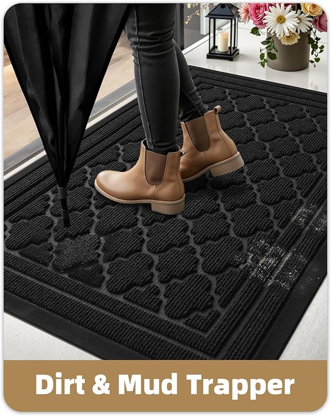 Color&Geometry Front Door Mat Outside Entrance, Heavy Duty Non Slip Low Profile Doormat for Entryway, Trap Dirt and Moisture Welcome Mats All-Weather, Easy Clean, Patio, Garage, 24"x36" Black