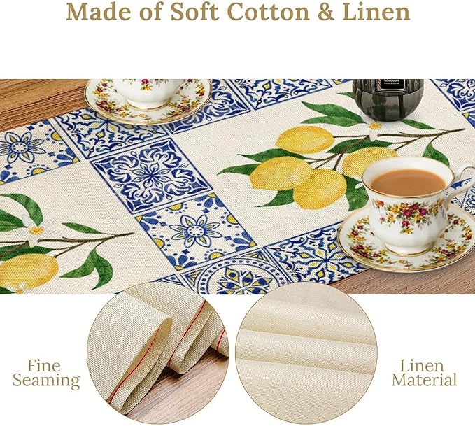 Yellow Lemon Table Runner, Blue Tiles Summer Holiday Tasty Fruit Healthy Fruit Vintage Watercolor Rustic Botanic Table Cover for Party Picnic Dining Room Kitchen, 13x60inch
