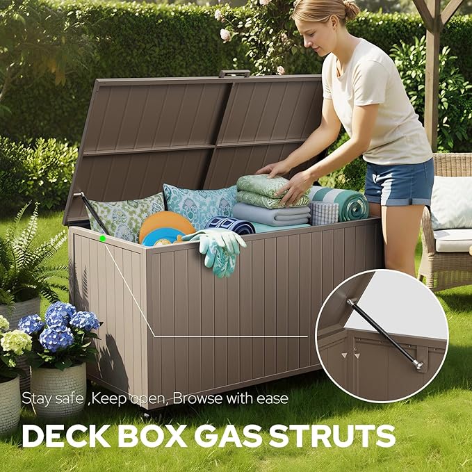 Outdoor Storage Box with Wheels 150 Gallon, Metal Deck Boxes Waterproof, UV Resistant Patio Storage Box with Lid for Patio Furniture, Garden Tools (Brown)