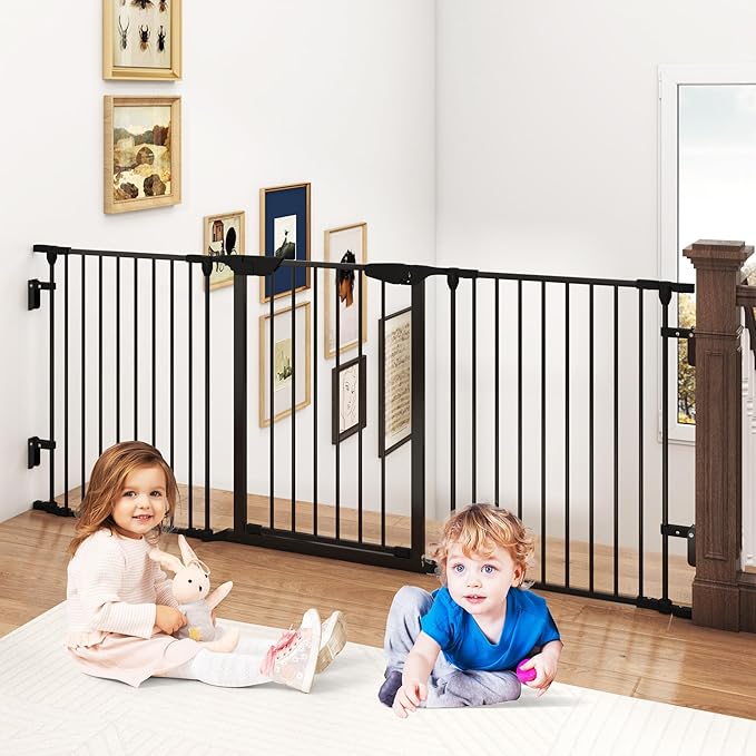 AUXSOUL 74" Wide Baby Gate Metal Safety Playpen - Fireplace Fence for Toddler/Pet/Dog, 3-Panel,30" H, Black
