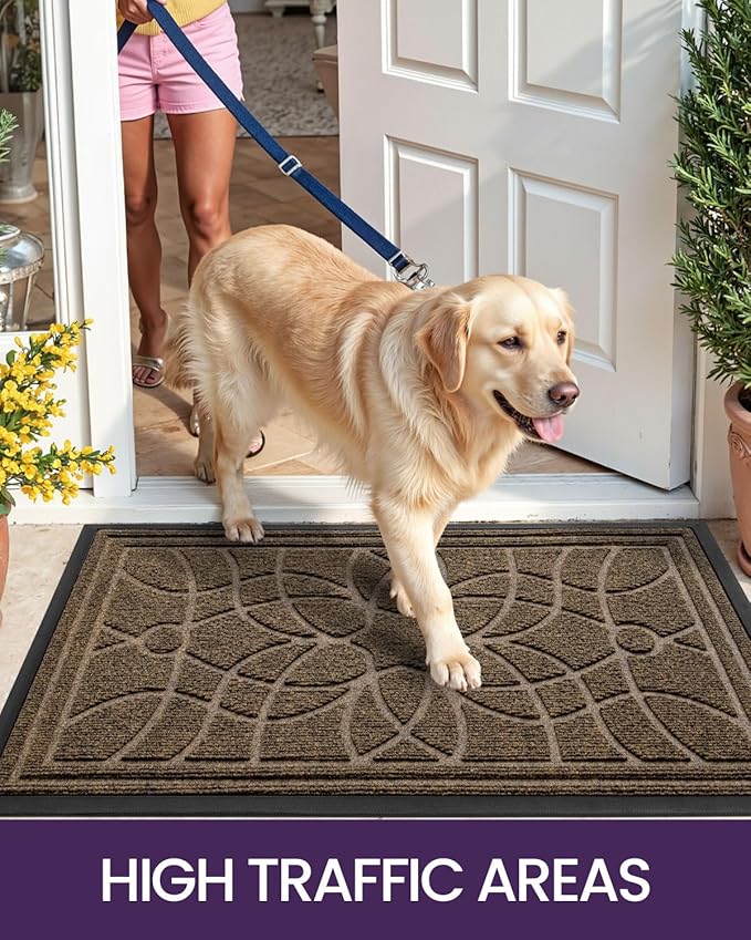 DEXI Front Door Mat Outside Entrance, Heavy Duty Non Slip Low Profile Doormat for Entryway, Trap Dirt and Moisture Welcome Mats, Easy Clean, Patio, Garage, 5x3, Brown