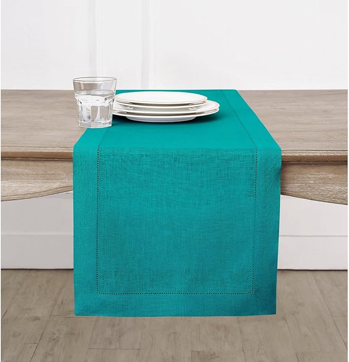 Solino Home Linen Teal Table Runner 72 Inches Long - 100% Pure Linen Hemstitch Table Runner 14 x 72 Inch for Dresser, Dining - Classic Hemstitch