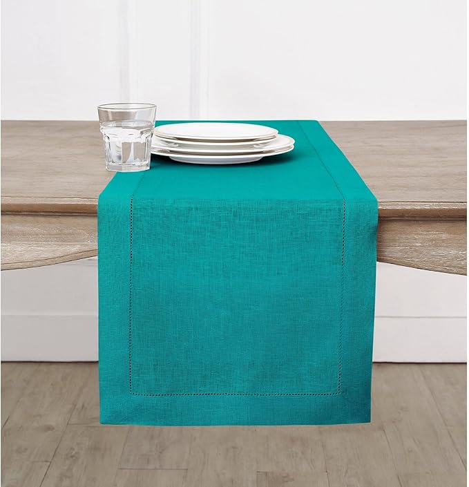 Solino Home Linen Teal Table Runner 132 Inches Long - 100% Pure Linen Extra Long Table Runner 14 x 132 Inch - Classic Hemstitch