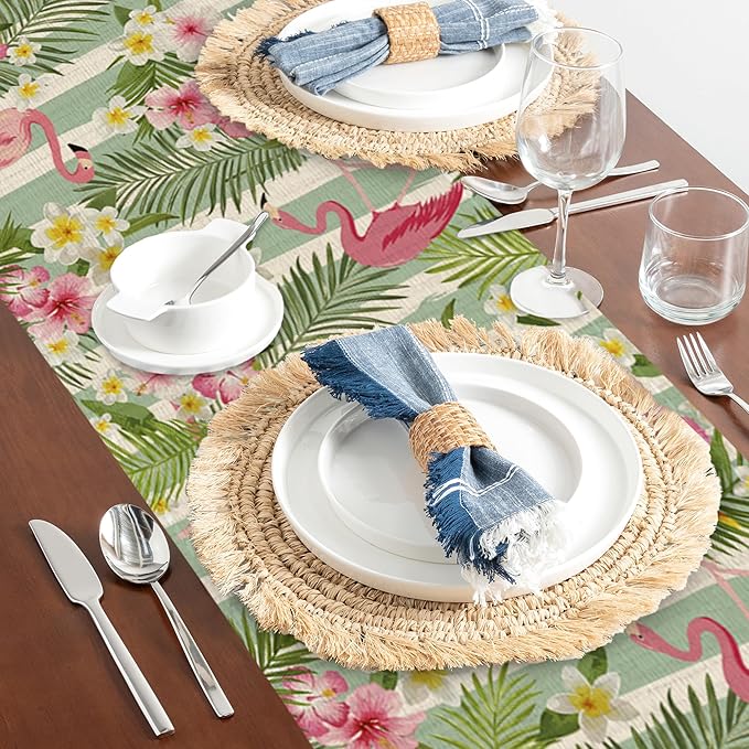 Flamingo Palm Leaf Hibiscus Table Runner Dresser Scarves Seasonal Linen Tablerunner for Indoor Outdoor Kitchen Home Party Holiday Dining Table Decor 13 X 70 Inch
