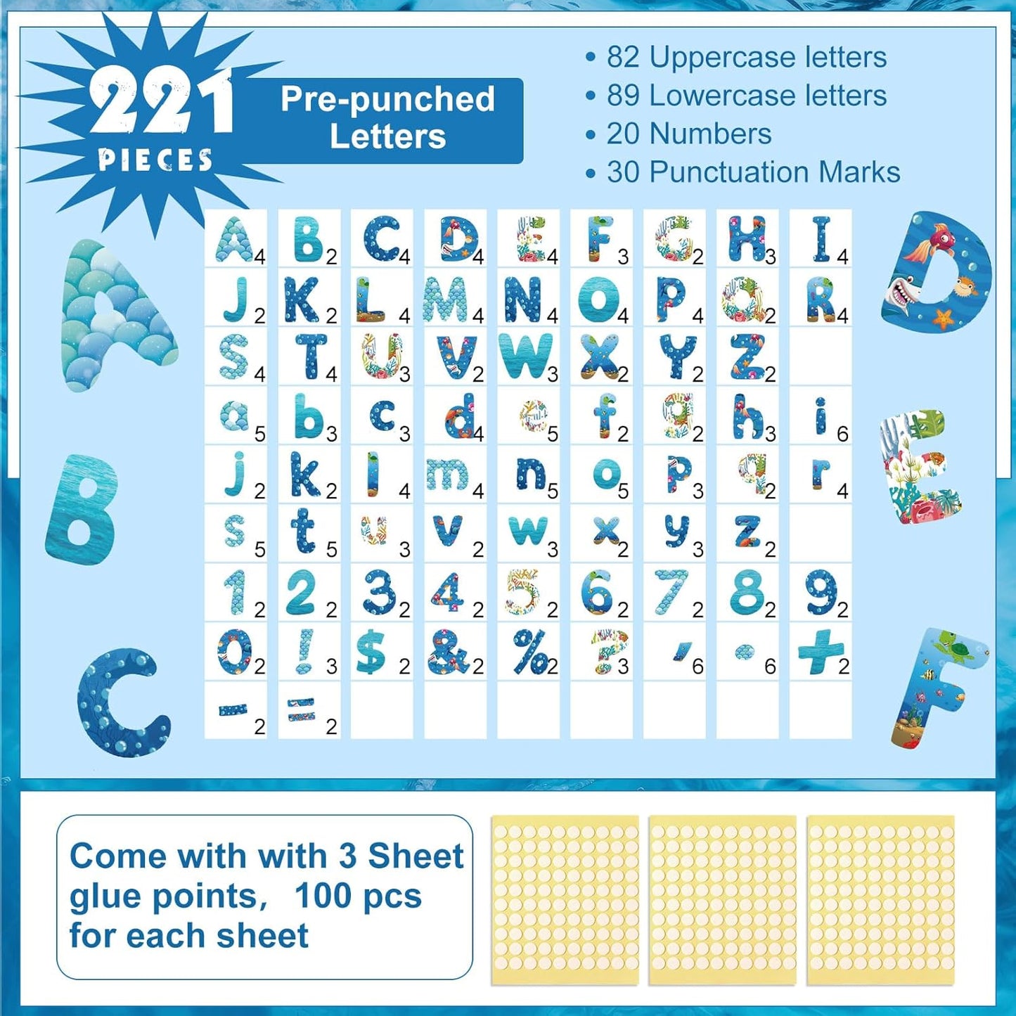 221 Pcs Bulletin Board Letters Round Alphabet Number Punctuation Symbol Combo Letter Cutouts Classroom Decoration for School Classroom Chalkboard Poster Board(Ocean Round)