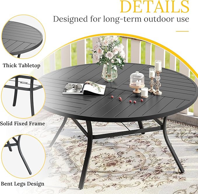 VICLLAX Round Patio Table with Adjustable Umbrella Hole for 6, All Weather Metal Outdoor Dining Table for Lawn Garden, 50" Outdoor Coffee Table, Black Tabletop