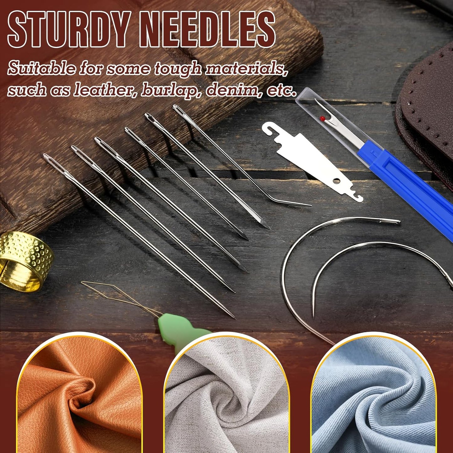 Repair Sewing Kit, Upholstery Needle with 32 Yard Waxed Thread and 8 Pcs Heavy Duty Leather Needles for Hand Stitching, Canvas & Quilting - 0.55mm Round Waxed Thread Dark Red