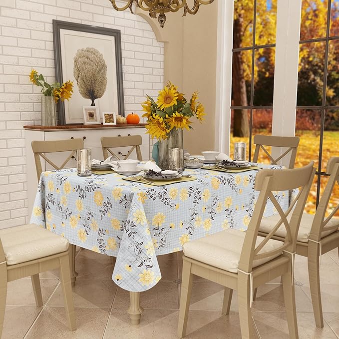 misaya Rectangle Waterproof Vinyl Table Cloth, Wipeable Tablecloth with Flannel Backing, Plastic Table Cover for Dinner, Picnic, Indoor and Outdoor (Yellow Flowers, 52" x 70")