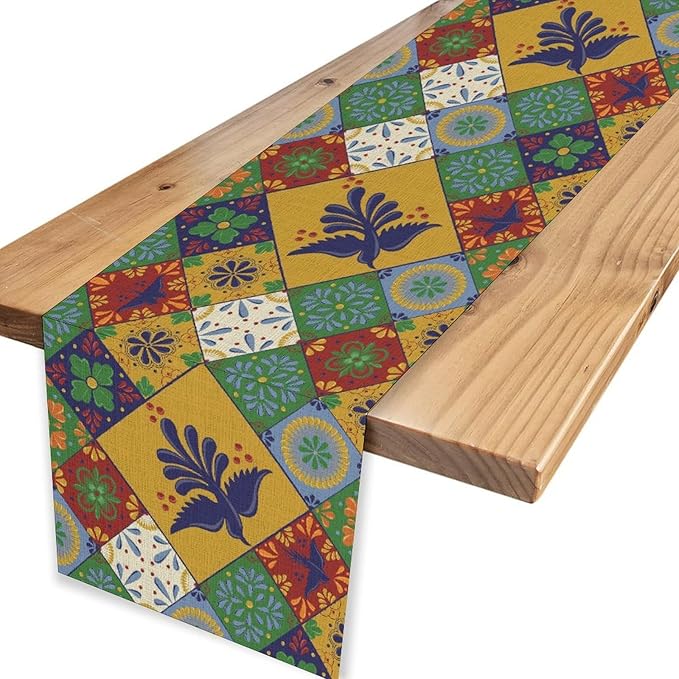 Mexican Table Runner, Orange Floral Birds Mexico Talavera Ceramic Dia De Los Muertos Coffee Table Center Decor for Family Home Kitchen and Dining Farmhouse Indoor Outdoor Table Decorations, 13" X 72"