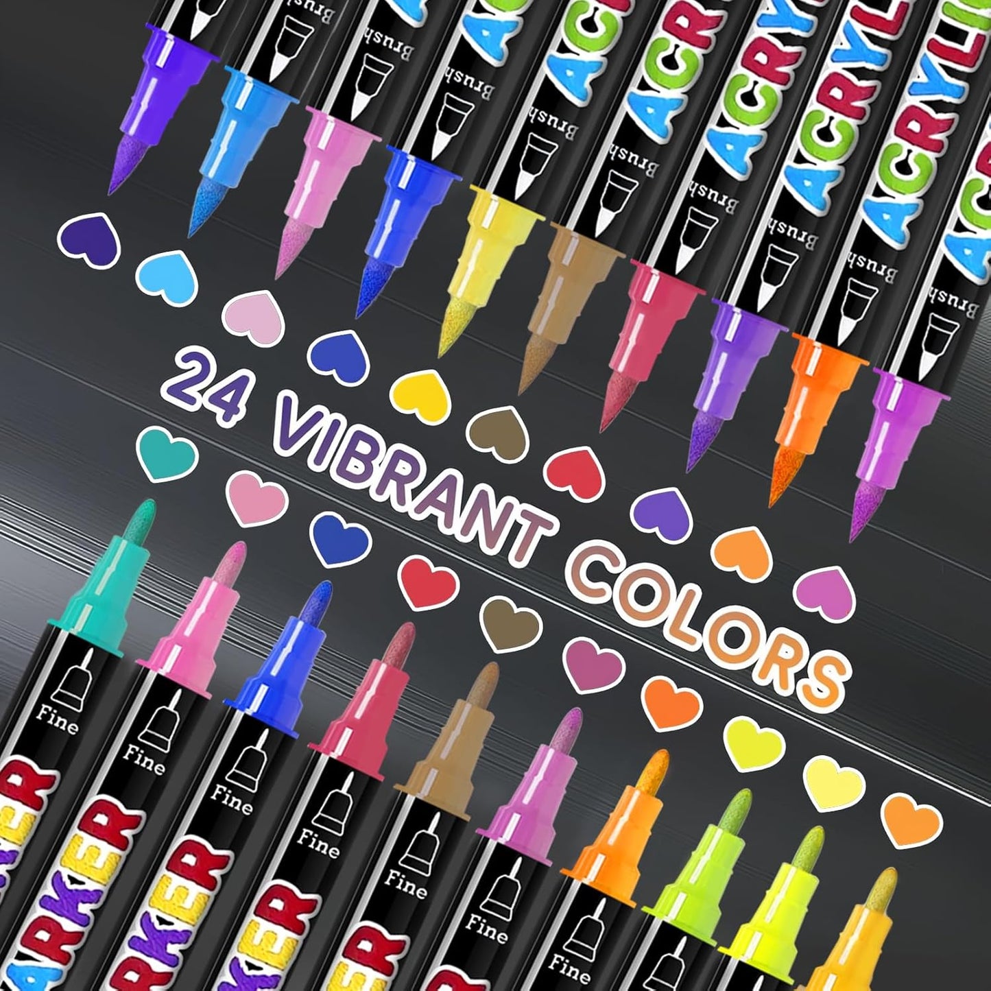 24 Colors Dual Tip Acrylic Paint Markers, Premium Acrylic Paint Pens for Halloween Decorations, Pumpkin Painting Kit, Rock Painting, Canvas, Stone, Wood, Glass, DIY Crafts & Art Supplies