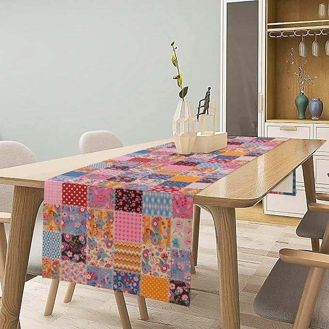Patchwork Floral Table Runner, Patch Boho Flowers Country Wildflowers Rustic Splicing Design Pattern Table Runner for Farmhouse Kitchen Dining Home Party 13x108in