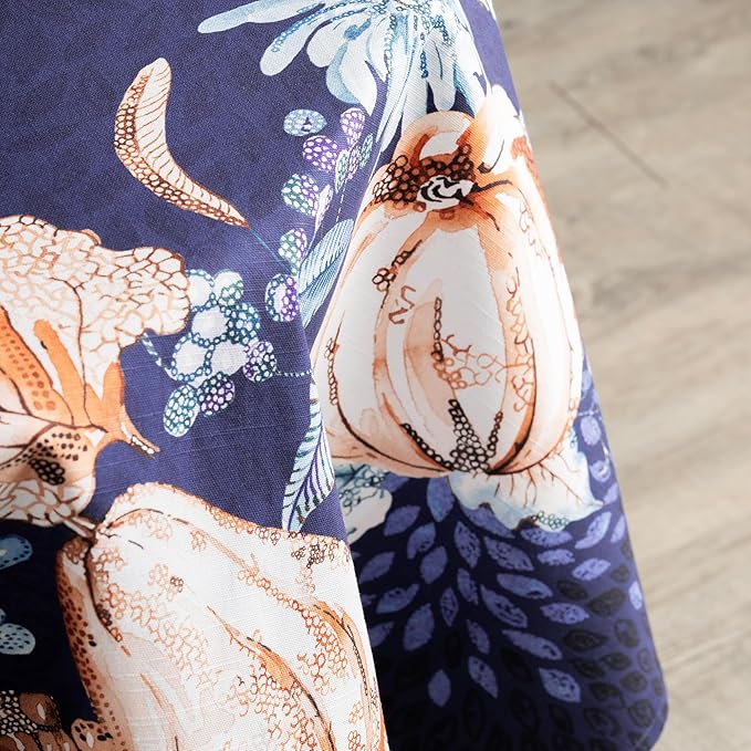 Maison d' Hermine Table Cloth Round Table 100% Cotton 63 Inches Fall Tablecloth Reusable Everyday Use for Thanksgiving Christmas Decorations Dining Farmhouse Party (Pumpkin Blues)