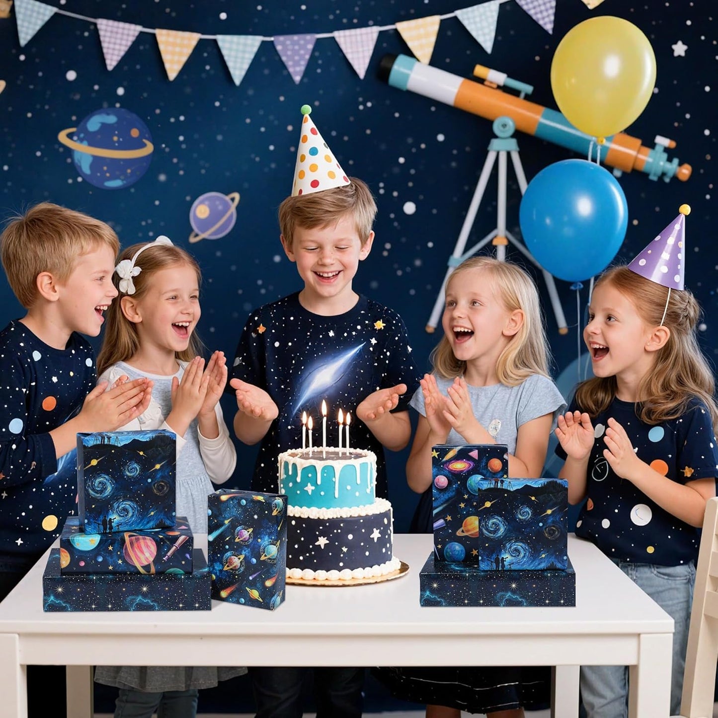 Pineraap 12 Sheets Galaxy Telescope Wrapping Paper, Starry Sky Gift Wrap Folded Flat Blue Space Craft Paper for Astronomy Lovers Birthday Party Baby Shower Present Packing, 19.7 x 27.6 Inch
