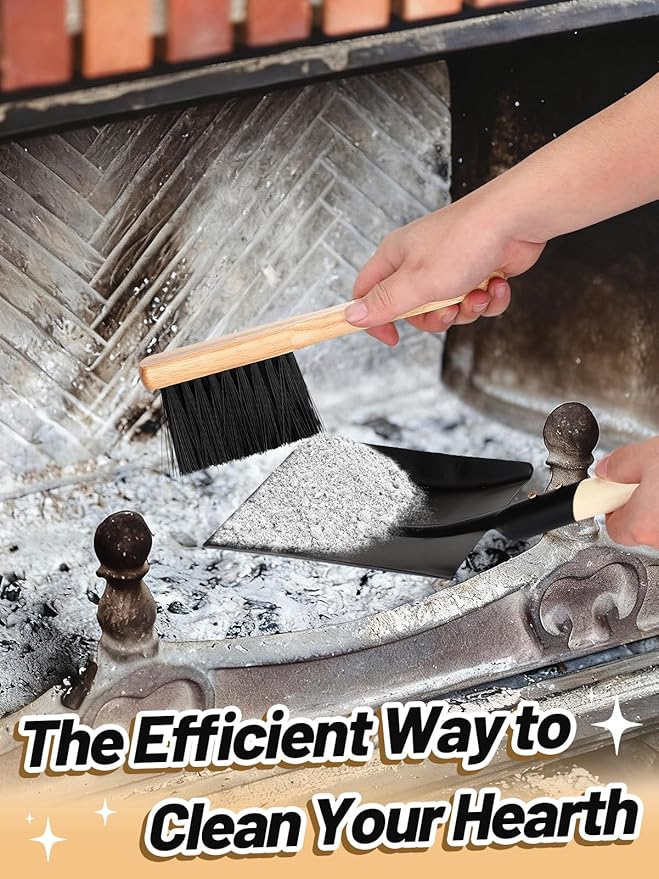Fireplace Ash Shovel and Brush Set- Upgraded Metal Coal Shovel and Hearth Brush Set Large Fireplace Tools, Fire Pit Accessories for Fireplace Wood Stove Hearth Cleaning