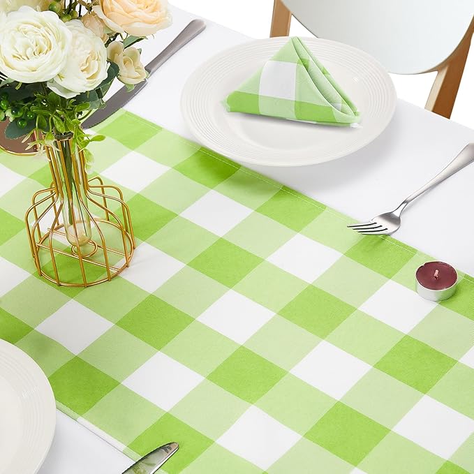 Fabric Checkered Table Runner 12 Pack Waterproof Gingham Table Runner 14W x 108L Buffalo Check Table Runners for Parties Kitchen Dining Wedding Banquet (Emerald and White)