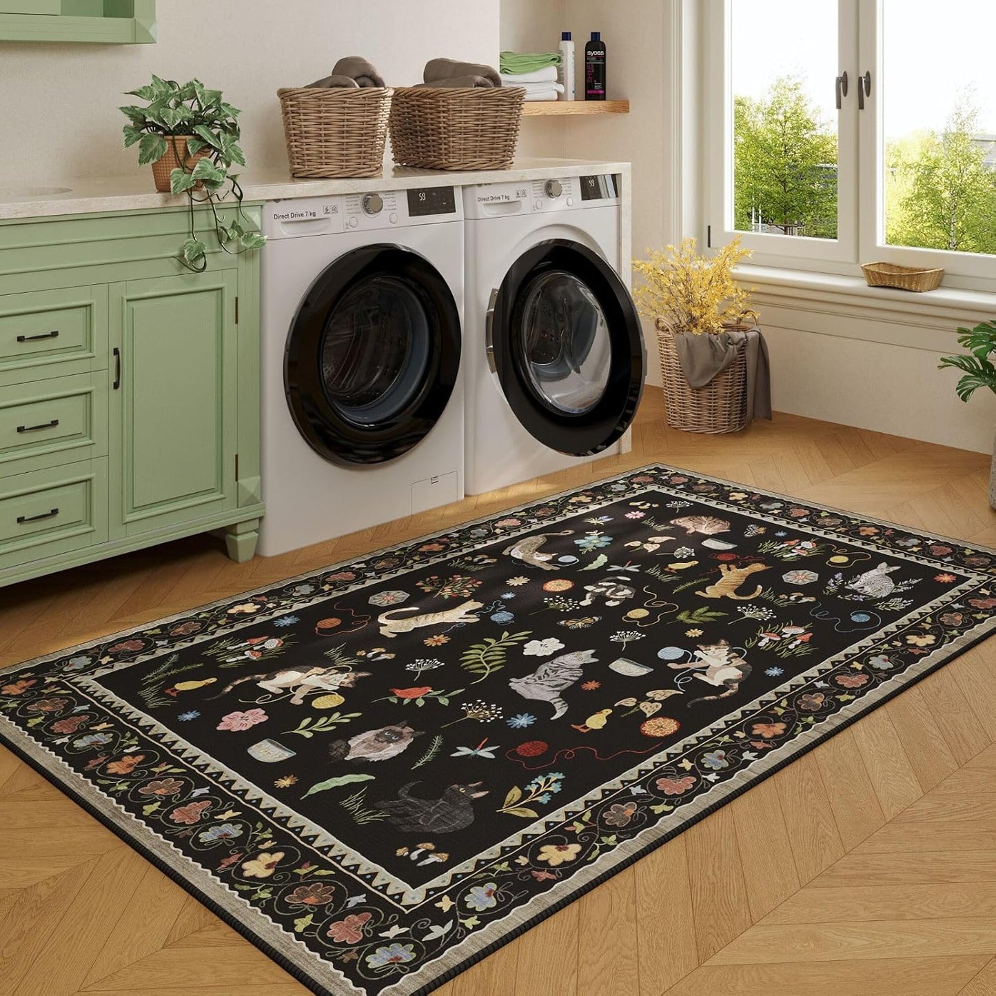Rugcomf Bedroom Rug 3x5 Rug Washable Area Rug Non Slip Low Pile Boho Floral Animal Cat Small Carpet for Bedroom Bedside Kitchen Entryway Kids Room Office College Dorm Essentials for Girls, Black