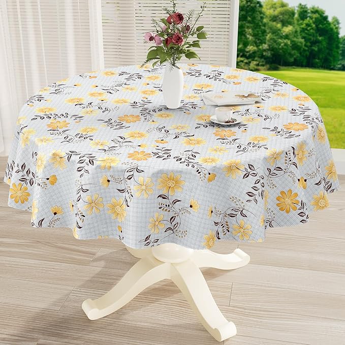 misaya Round Waterproof Vinyl Table Cloth, Wipeable Tablecloth with Flannel Backing, Plastic Table Cover for Dinner, Picnic, Indoor and Outdoor (Yellow Flowers, 60")