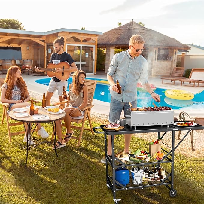 Himix Folding Grill Cart-3 Tier Outdoor Grill Cart with Wheels, Grill Table for Outside Pizza Oven Cooking Prep Table, Portable Bar Cart Grill Station