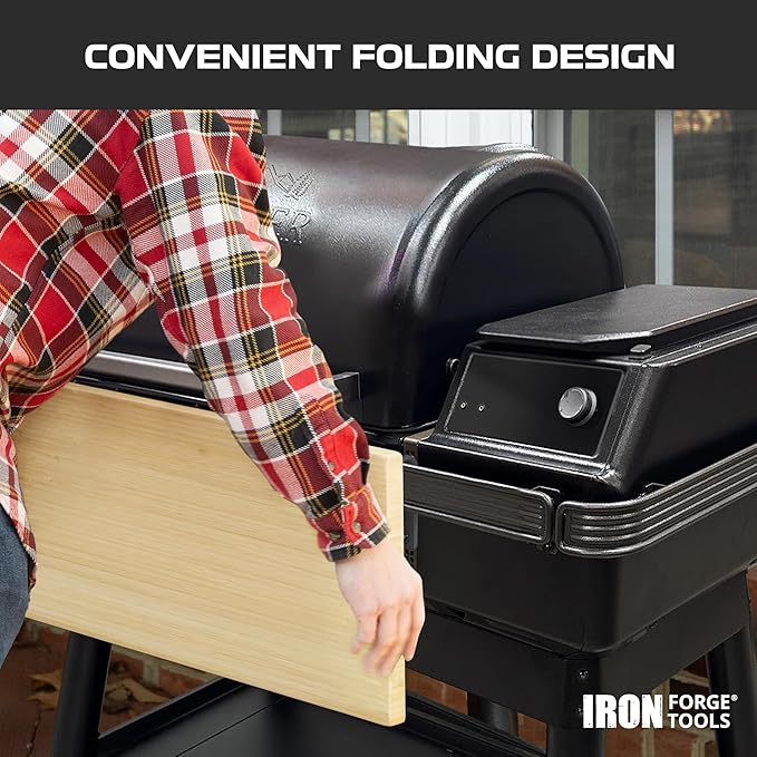 Iron Forge Tools 24x12 Wood Folding Grill Shelf Accessory - Compatible with Traeger Grill Ironwood, Ironwood XL, Timberline, & Timberline XL Models with PAL Pop and Lock Accessories Mount