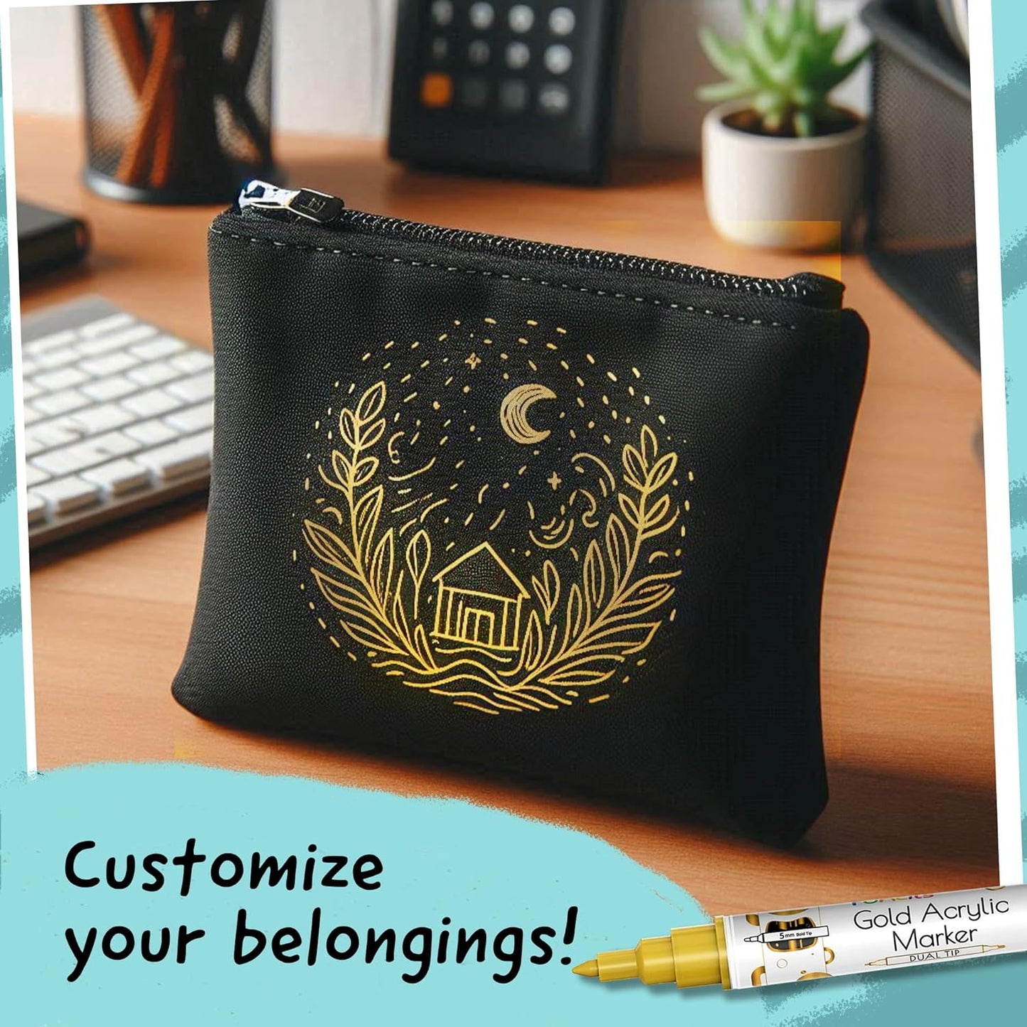 4 Dual Tip Gold Paint Pen Metallic - Fine Tip & Medium Acrylic Paint Markers - Gold Marker for Metal, Wood, Rock Painting, Canvas, Ceramic, Glass, Fabric, Leaf and Plastic - Water-based Ink