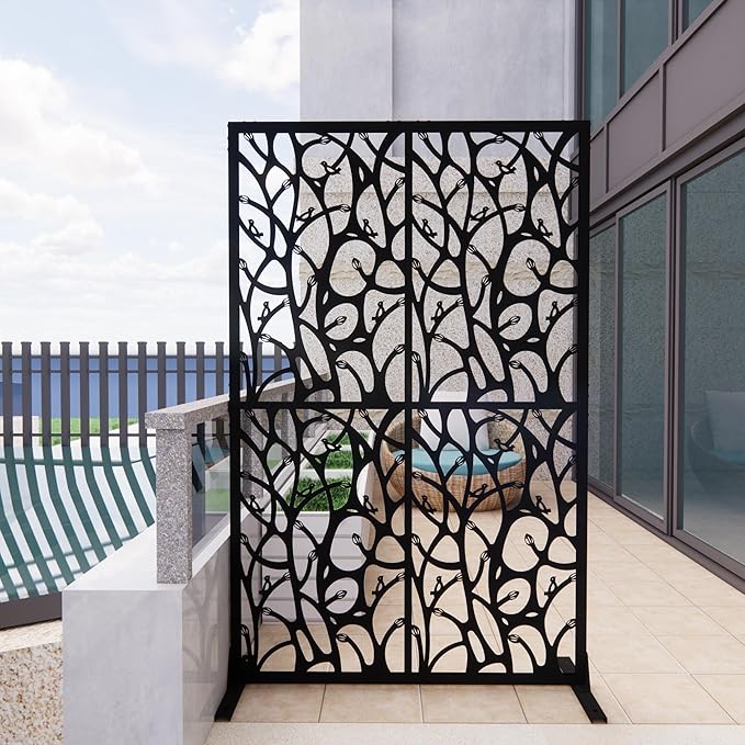 Metal Privacy Screen Room Divider 72" H x 45.3" W, Free Standing Decorative Panel with Bird Design for Indoor Outdoor Use, Black Iron Partition for Patio Balcony Garden (Bird Black)