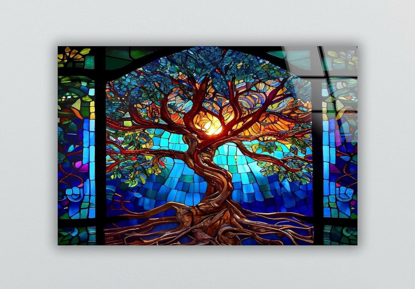 My Photostation.com 43Wx27H'' Stained Blue Life of Tree Glass Wall ArtTempered Glass Printing Wall Decor Large Wall Art Wall Hangings