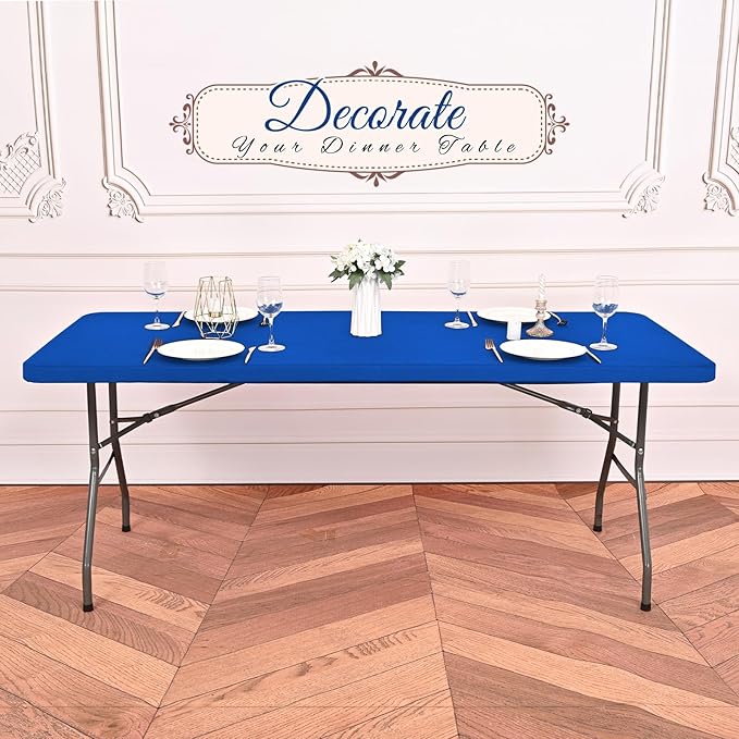 6 Pack Stretch Fabric Table Top Cap Cover, fits 8Ft Tables, Spandex Table Covers Washable Elastic Universal Rectangle Tablecloth Protector for Outdoor Party Picnic Wedding, Royal Blue, 30" W x 96" L