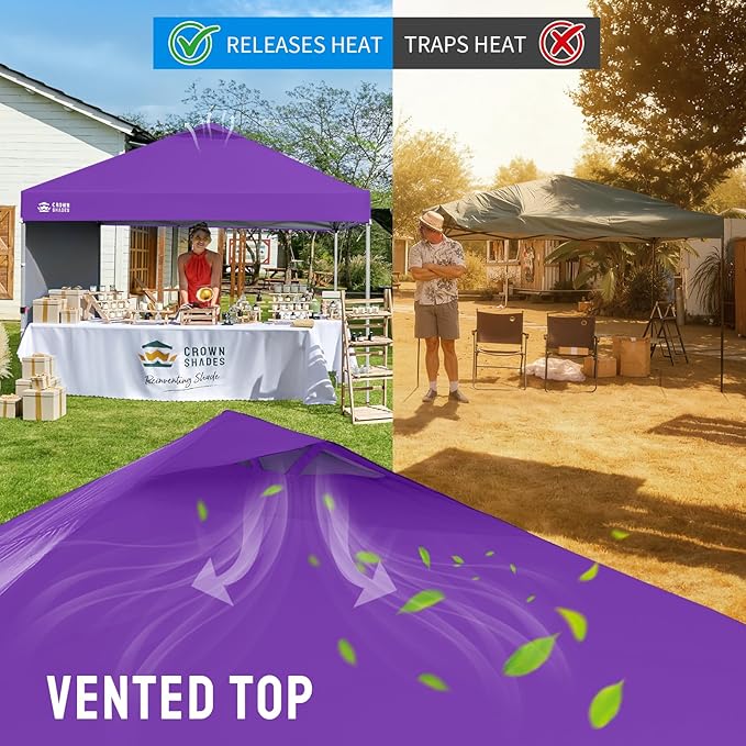 CROWN SHADES 10x10 Pop Up Canopy with 1 Side Wall - Beach Tent with One Push Setup - Outdoor Sun Shade for Events, Parties, Camping - Gazebo with STO-N-Go Cover Bag (Purple)