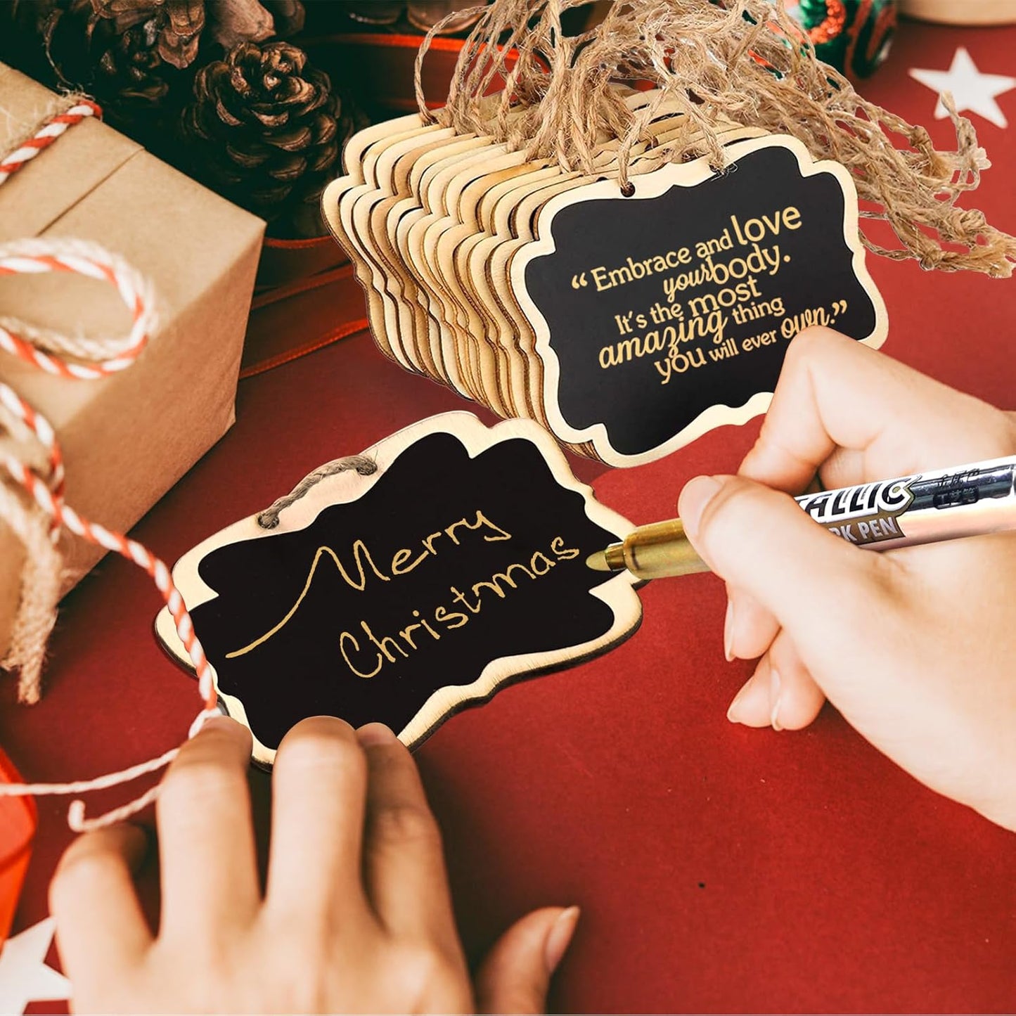 24PCS Reusable Chalkboard Tags with String, ULENDIS 2.36x3.35 Inch Wooden Chalkboards Signs with Gold and Silver Markers, Double-Sided Blackboard for Message Board Signs, Hanging Chalkboard Labels