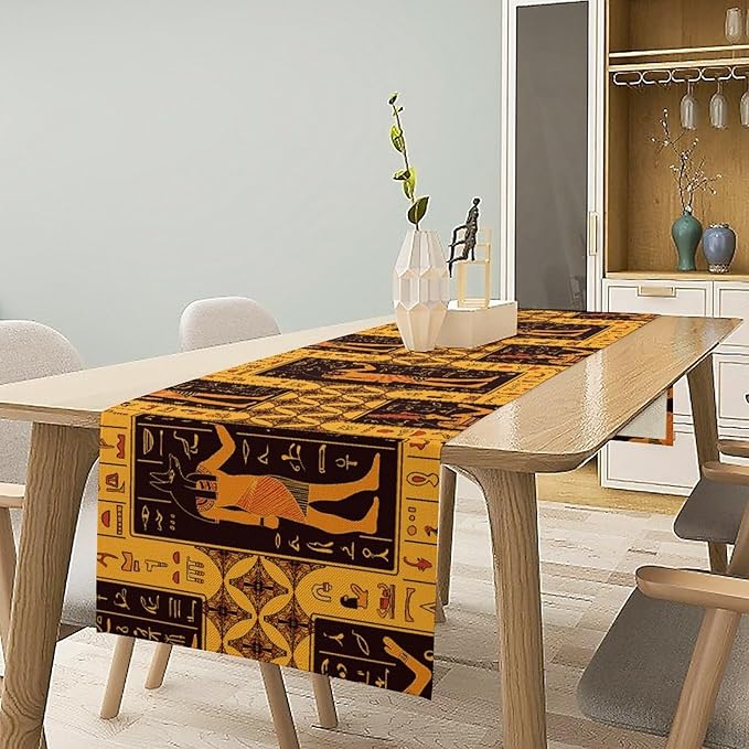 Retro Egypt Table Runner, Vintage Egyptian Gods Ancient Egyptian Hieroglyphs Table Runner for Kitchen Family Dining Holiday Party 13x70in