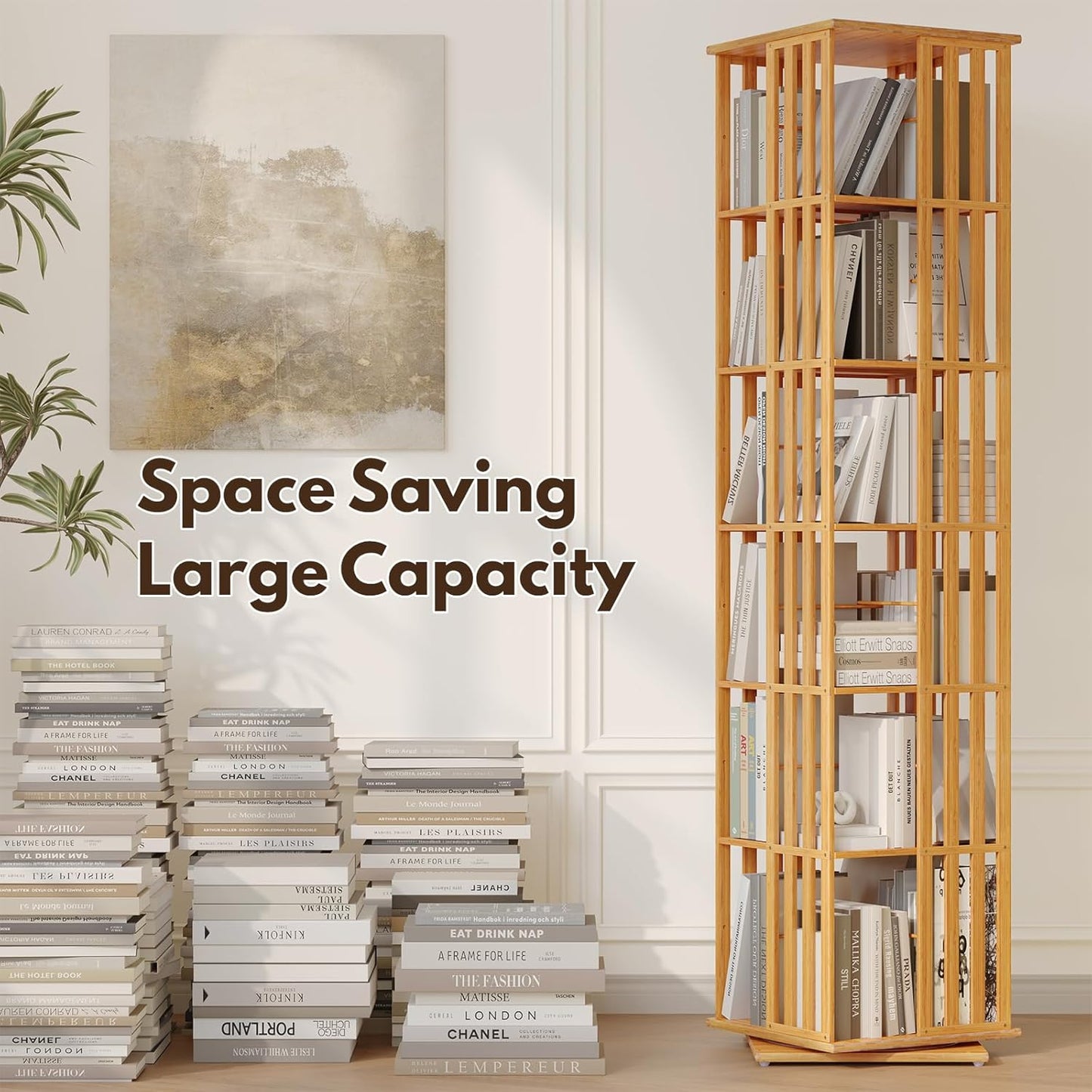 YOWOS Rotating Bookshelf Tower, 360 Display Spinning Bookcase, Bamboo Bookshelf Floor Standing Storage Rack, Wood Narrow Book Shelf Organizer for Kids&Adults(Nature, 6 Tier)