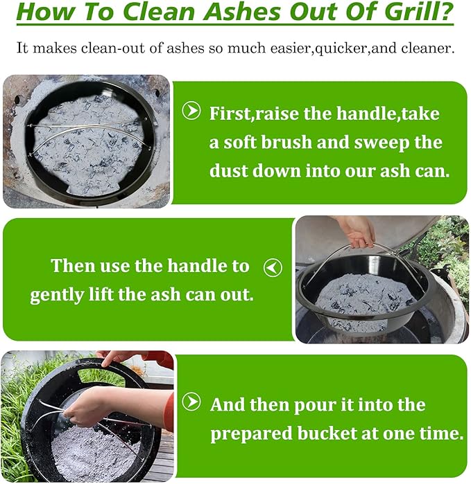 KAMaster Ash Can with Handle Compatible with XL Big Green Egg,Charcoal Ash Collector Must Haves Green Eggs Accessories Carbon Steel Ash Pot with Enamel Coating Steel Folding Handle Kamado Ash Basket