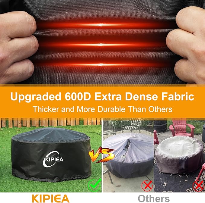 Kipiea Round Fire Pit Cover - 100% Waterproof Upgraded 600D Strong Tear Resistant Firepit Cover, UPF 50+ Outdoor Fire Pit Cover Fading Resistant, 40" Dia X 24" H