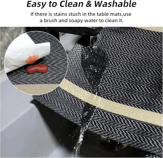 Luxurious Placemats Set of 8,Vinyl Table Place Mats Stain Resistant Foldable Placemats Washable Wipeable Placemat for Kitchen Dining Table Decoration Indoor Outdoor (Black)