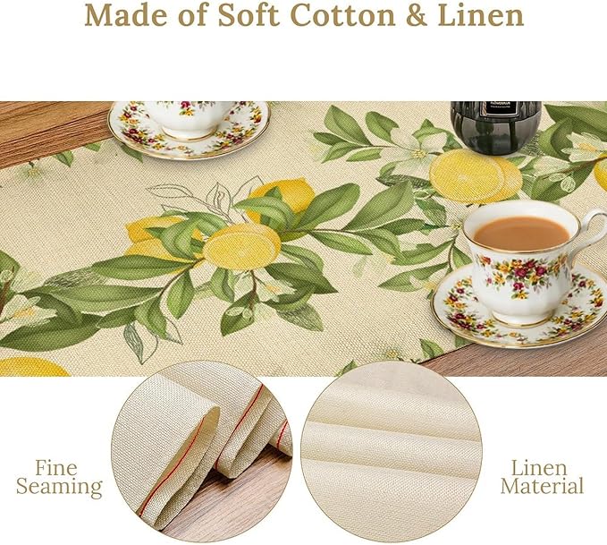 Summer Lemon Table Runner, Spring Blooming Lemon Tree Branches Bouquets Yellow Green Leaves Table Runner for Farmhouse Home Dining Kitchen Table Party Decor, 13x36inch