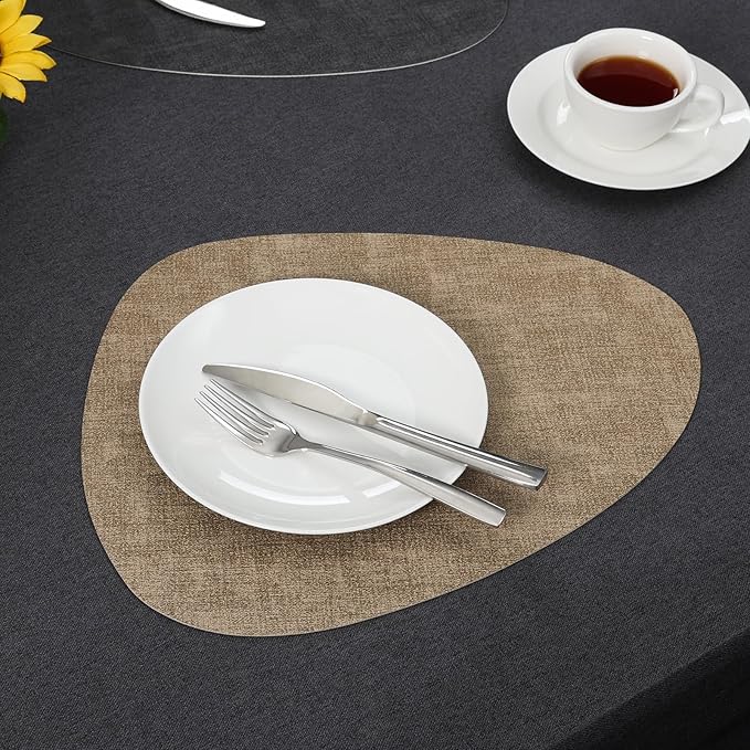 Placemats and Coasters, Washable Reversible Placemats Round Faux Leather Wipeable Place Mats Non Slip Heat Resistant Indoor Outdoor Table Mats (Set of 4, Gray Beige)